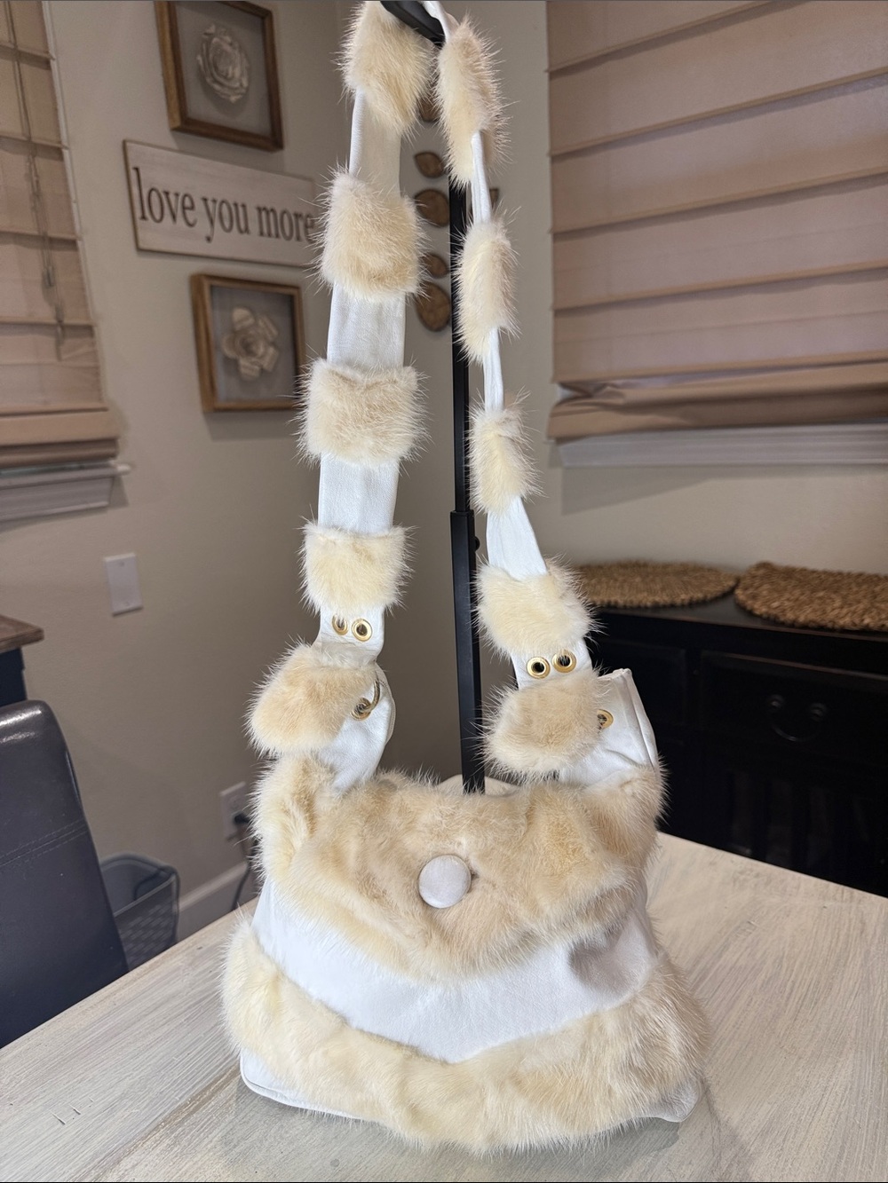 Source Unknown Vintage Y2K Cream Faux Fur Hobo Bag with Pom Accents